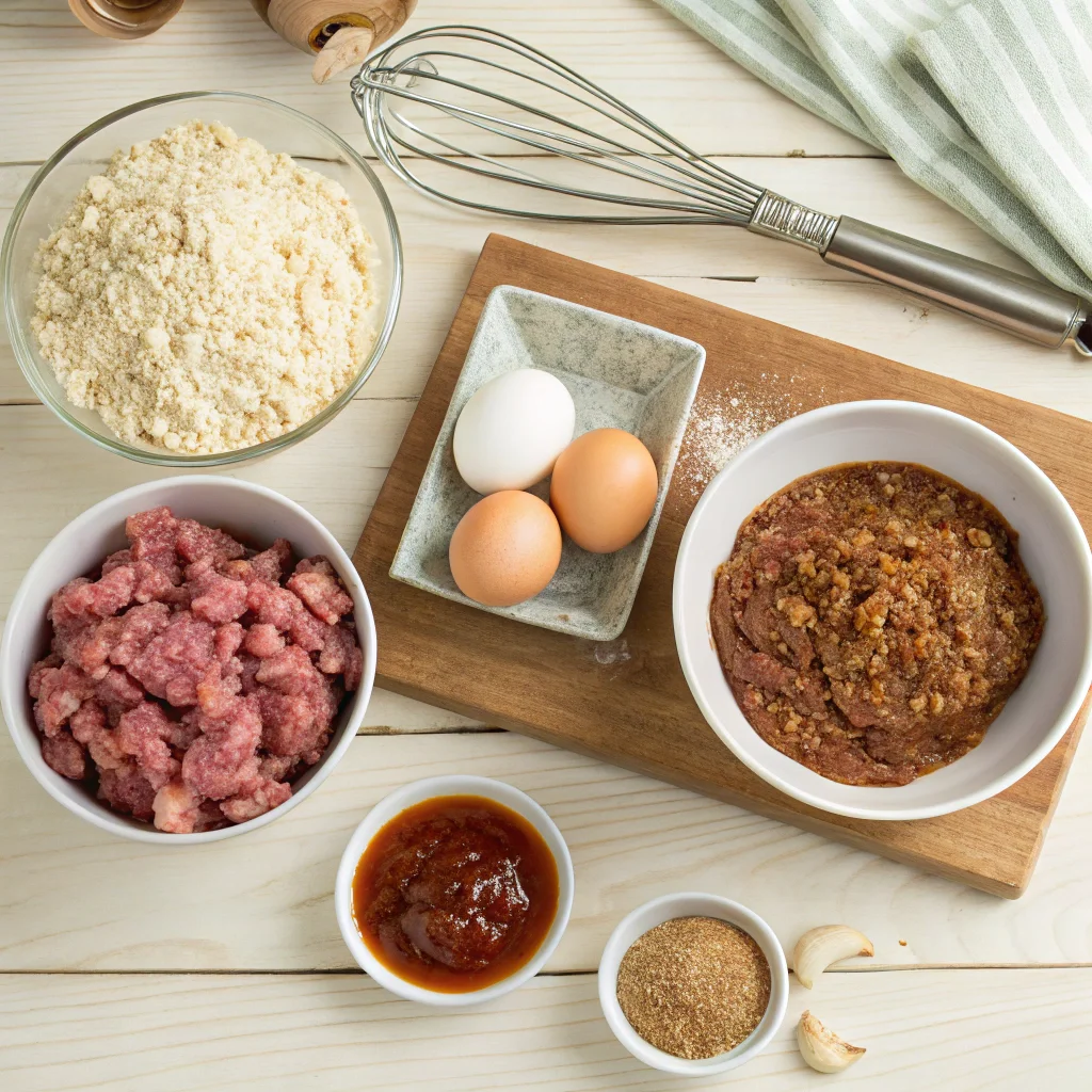 Flat-lay of BBQ meatloaf ingredients, including ground beef, breadcrumbs, eggs, BBQ sauce, and onions, neatly arranged for preparation.