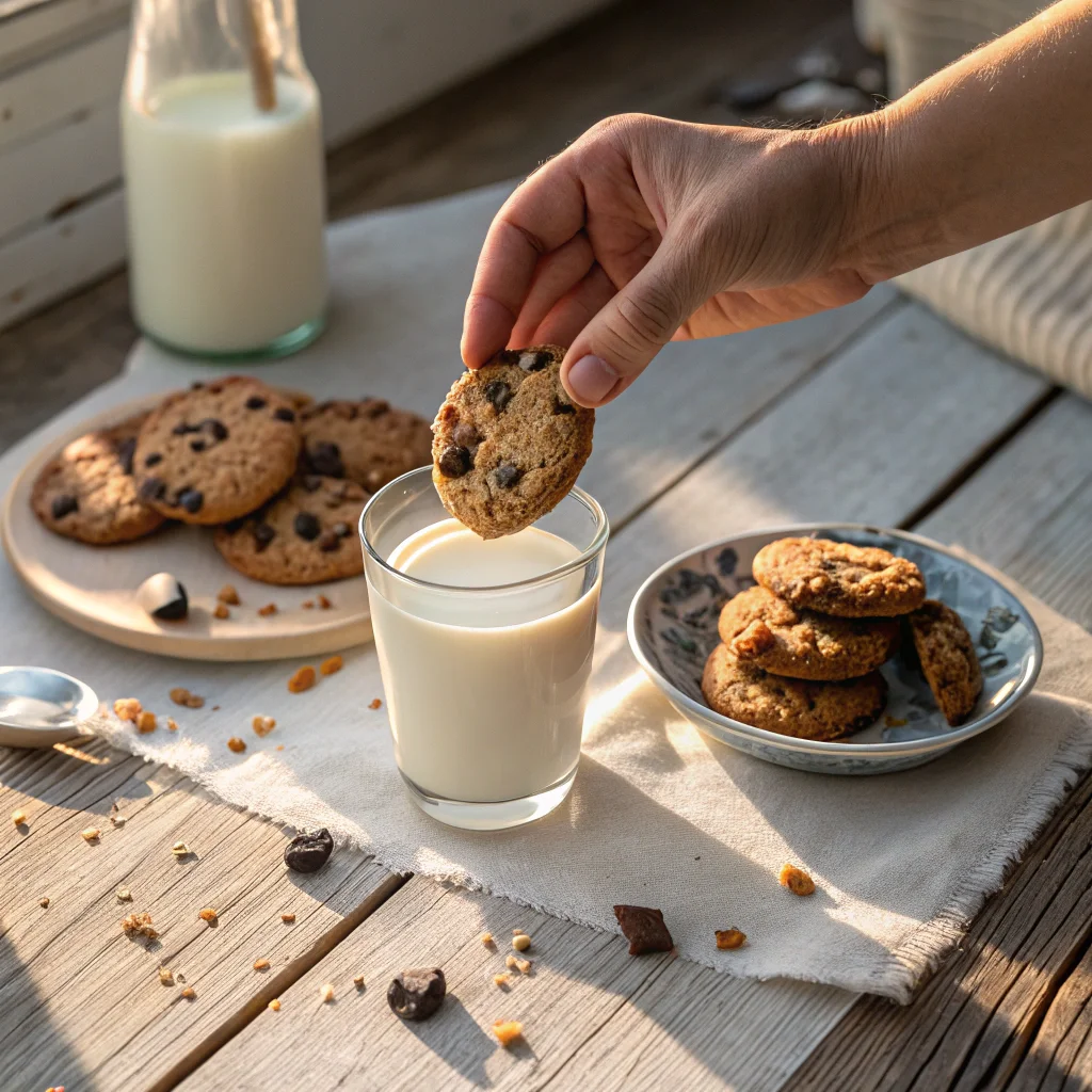 Hand dipping a chocolate chip cookie into a glass of milk, highlighting the classic pairing of cookie milk