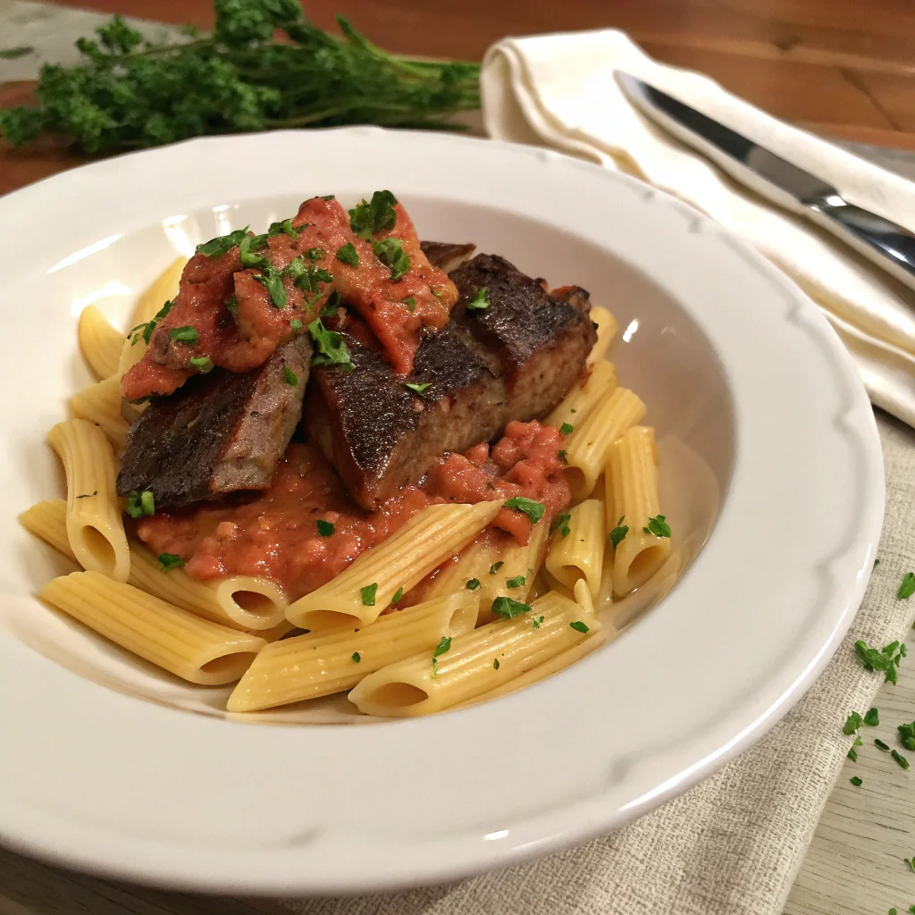 Spicy Cajun steak with penne pasta, showcasing cubed steak in a creamy tomato-based sauce, topped with fresh parsley for a bold and flavorful dish.