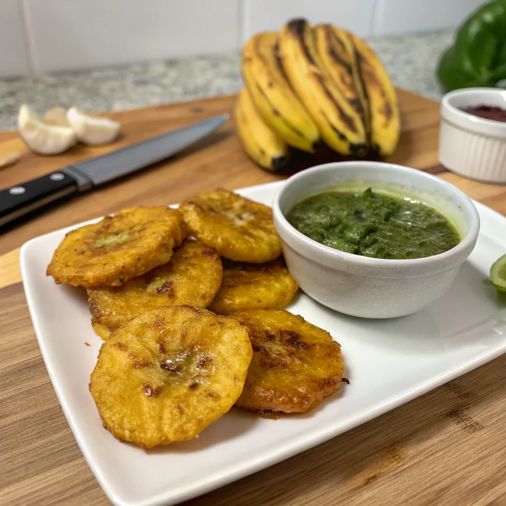 Freshly made tostones served on a white plate with garlic mojo sauce, highlighting a classic side dish in Puerto Rican recipes