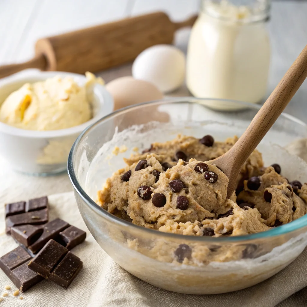 Close-up of cookie dough with Hershey's chocolate chips in a mixing bowl, surrounded by baking essentials like butter, eggs, and vanilla extract.