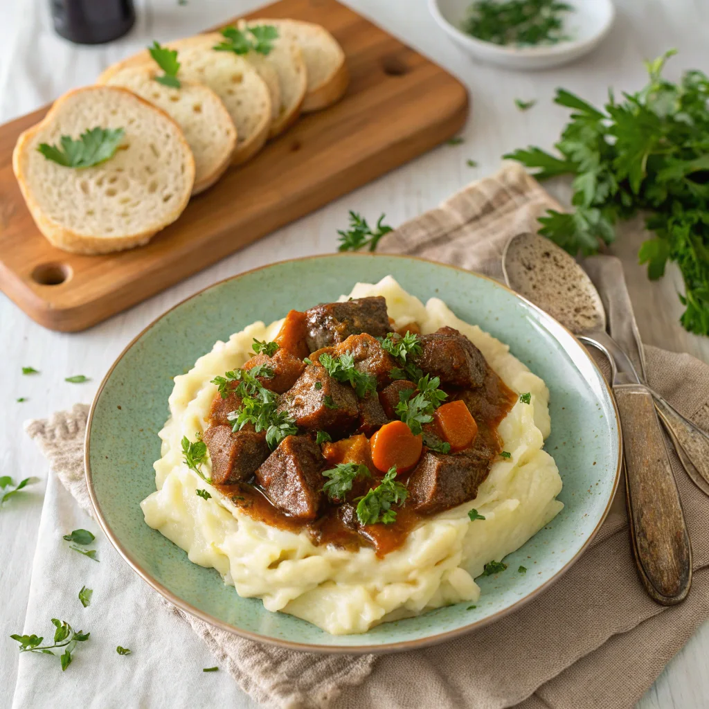 Dinty Moore Beef Stew served over creamy mashed potatoes, garnished with parsley, and paired with crusty bread for a comforting meal