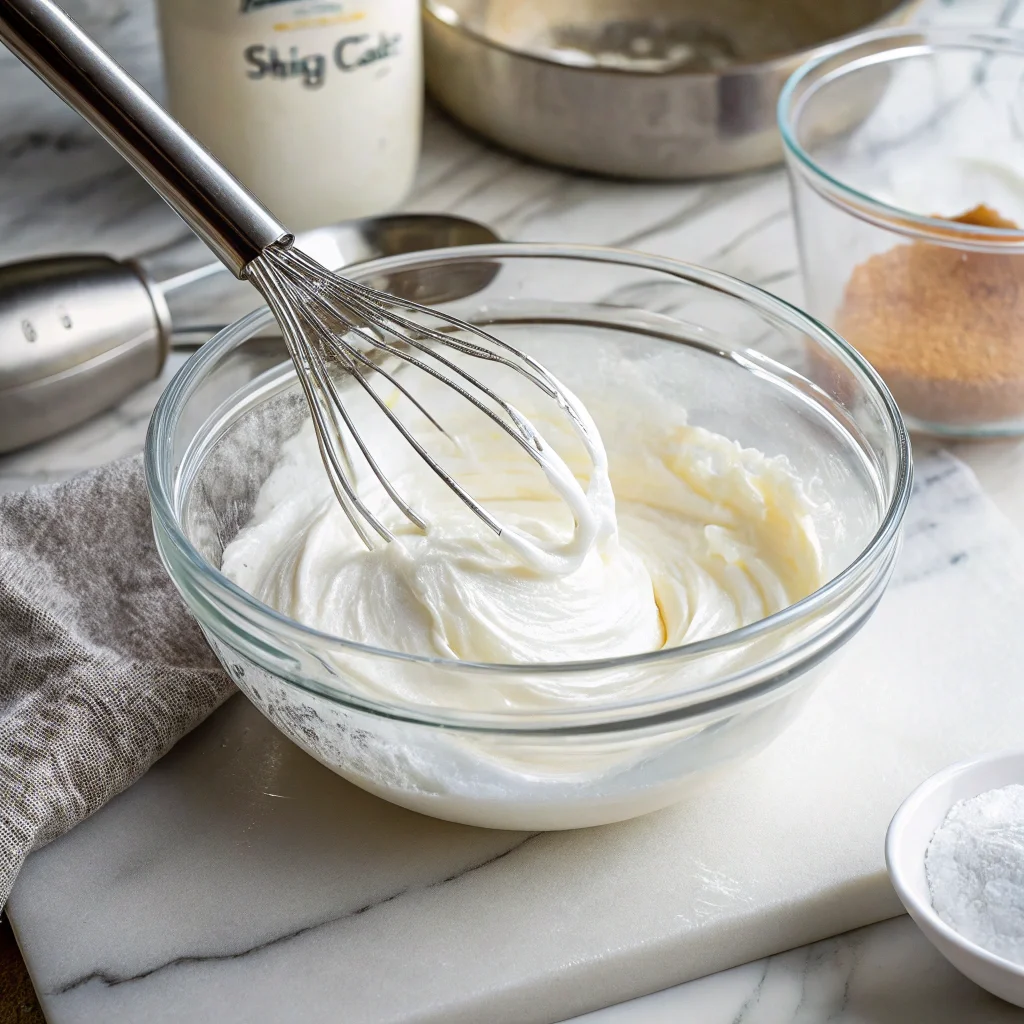 Whipped egg whites with stiff peaks in a glass bowl, an essential step in making the perfect souffle pancake recipe.