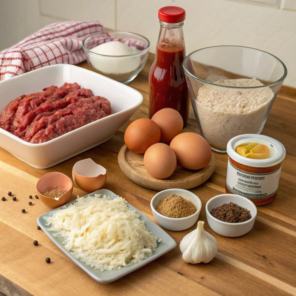 Ingredients for smoked meatloaf recipe displayed on a rustic kitchen counter, including ground beef, pork, breadcrumbs, milk, and spices, ready for cooking.