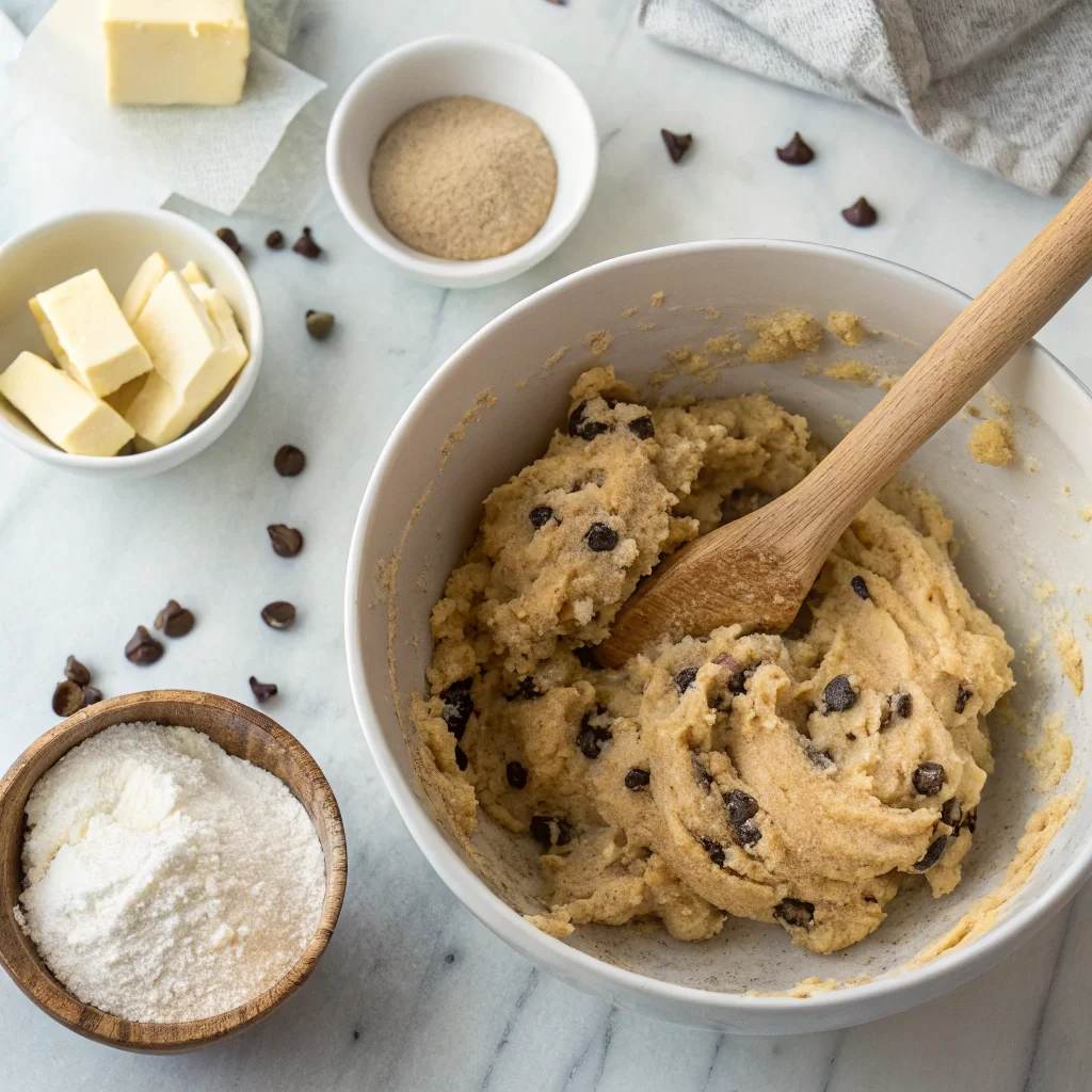 Chocolate chip cookie dough without brown sugar in a mixing bowl with ingredients like butter, sugar, and flour on a marble countertop.