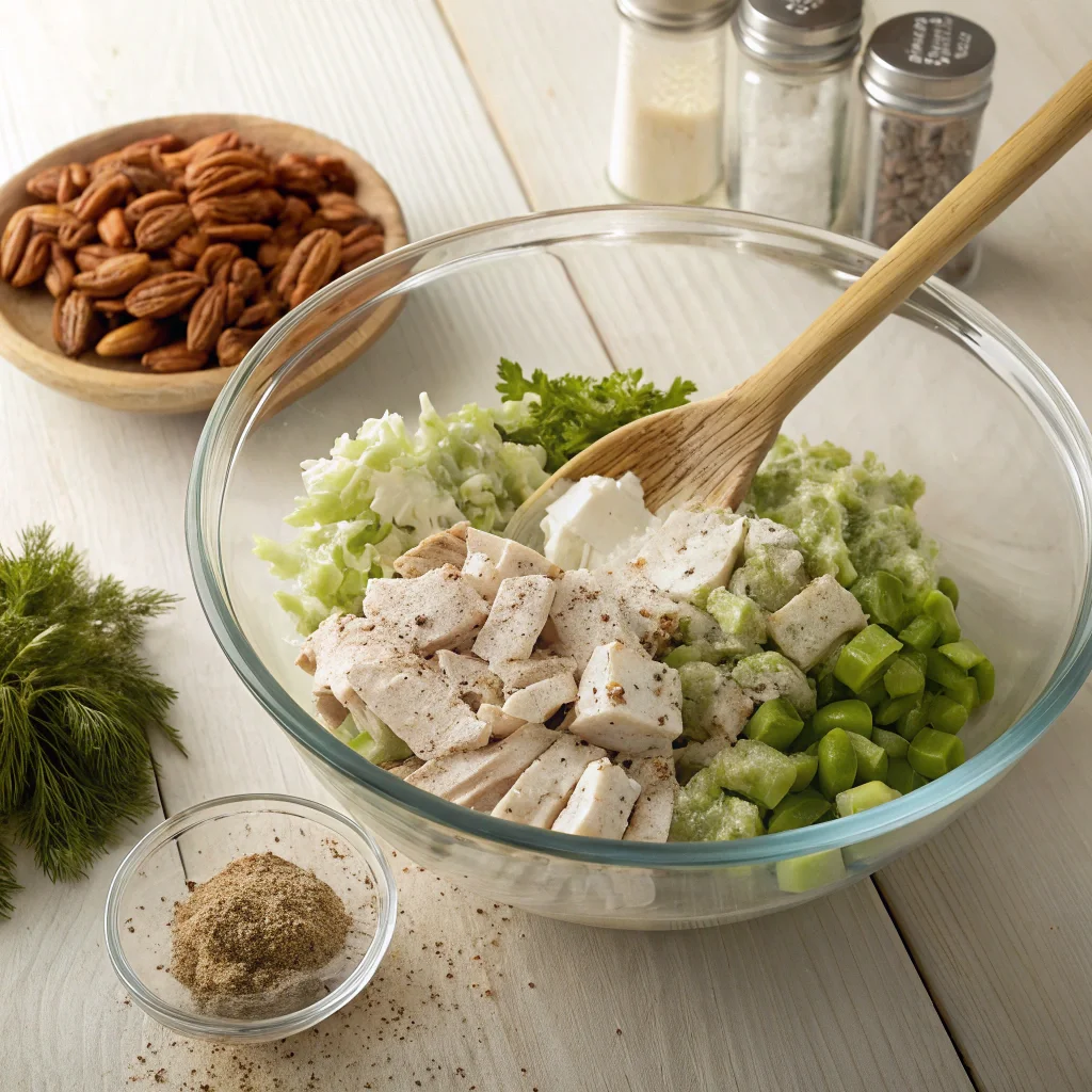 Ingredients for the Chicken Salad Chick recipe being mixed in a bowl, including shredded chicken, celery, and mayonnaise, captured in a cozy kitchen setting