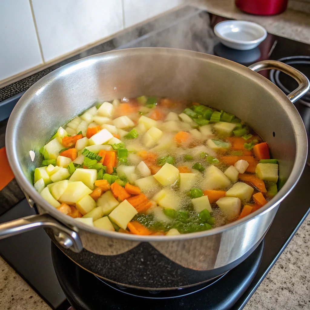 Chopped vegetables including potatoes, carrots, celery, and onions simmering in low-sodium broth, part of a potato soup healthy recipe preparation