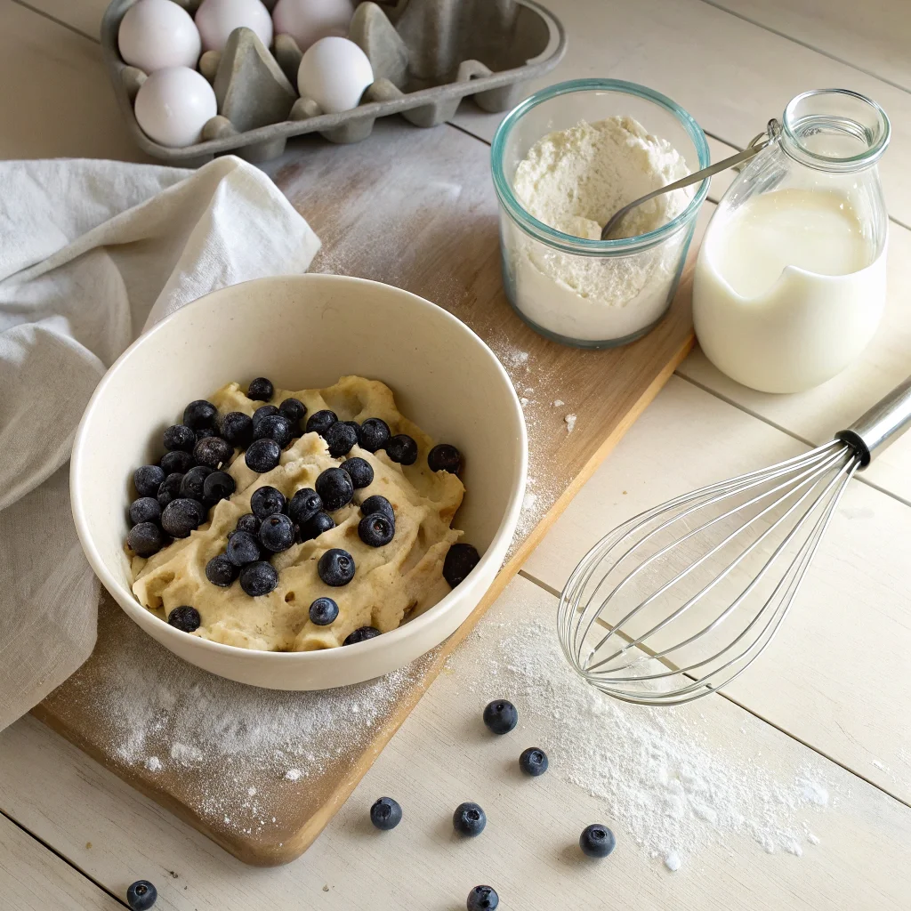 Fresh waffle batter mixed with blueberries in a bowl, surrounded by baking ingredients like flour, eggs, and buttermilk, showcasing the preparation step of this blueberry waffle recipe.