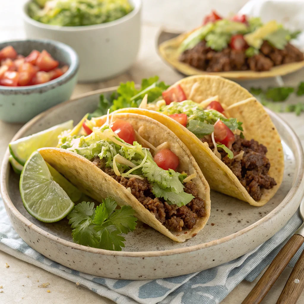 Delicious beef tacos filled with seasoned ground beef, fresh lettuce, tomatoes, guacamole, and cheese on soft tortillas, a quick and easy recipe idea