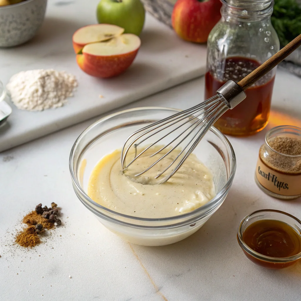 Broccoli cauliflower salad dressing being whisked in a glass bowl, surrounded by ingredients like mayonnaise, apple cider vinegar, and honey on a kitchen counter.