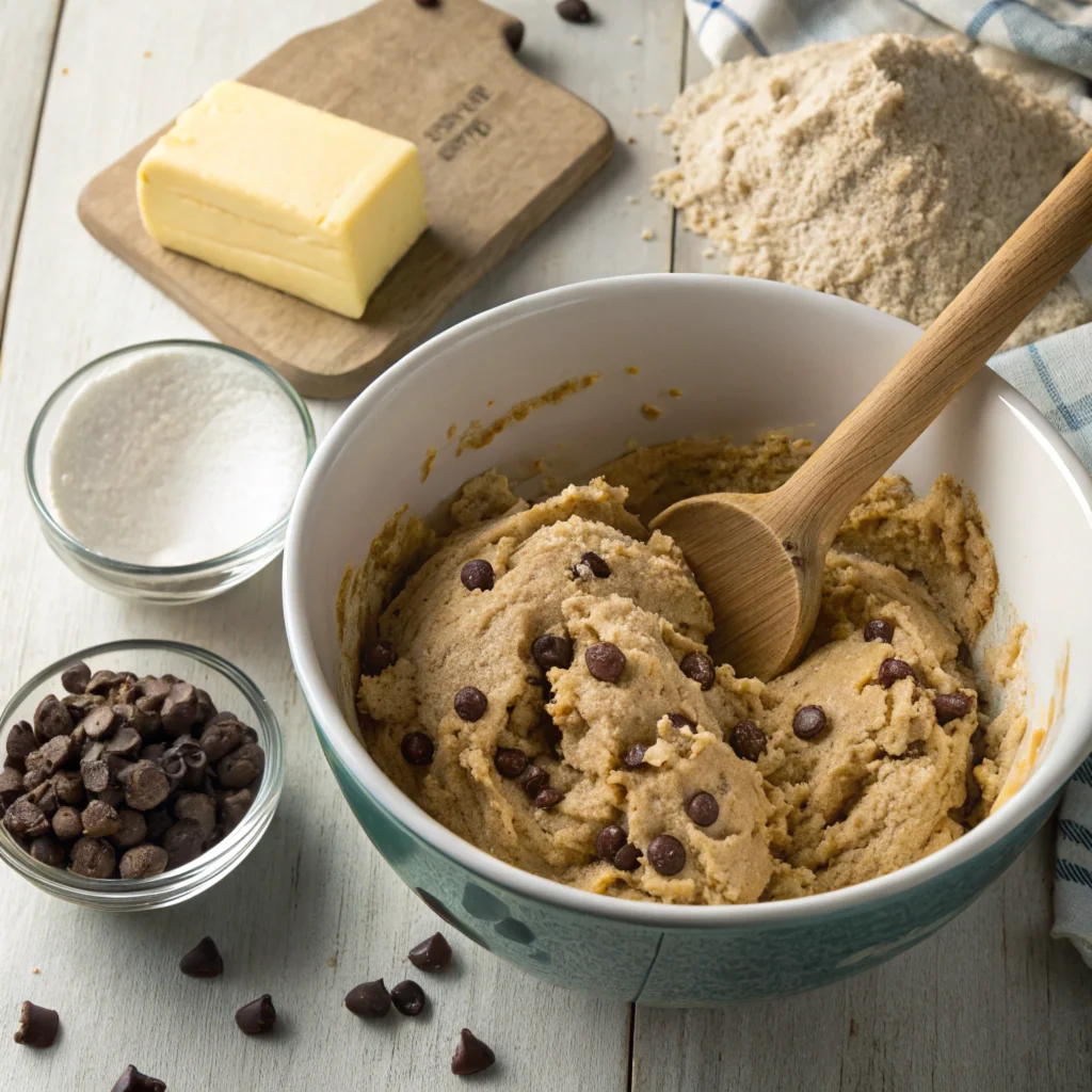 Close-up of Nestle Toll House cookie dough in a mixing bowl with chocolate chips, surrounded by baking ingredients on a wooden table