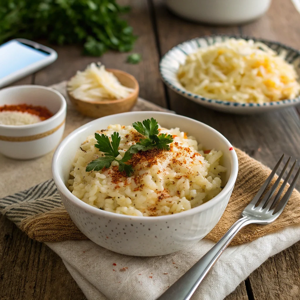 Cheesy Rice Recipe: The Ultimate Comfort Food in Just Minutes 8 Cheesy rice recipe served in a small white bowl, topped with parsley and paprika, with a side of shredded cheese on the table.
