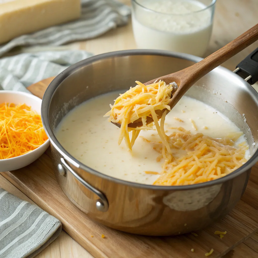 Cheesy Rice Recipe: The Ultimate Comfort Food in Just Minutes 7 Cheese being stirred into a creamy sauce for a cheesy rice recipe in a stainless steel saucepan with a wooden spoon.