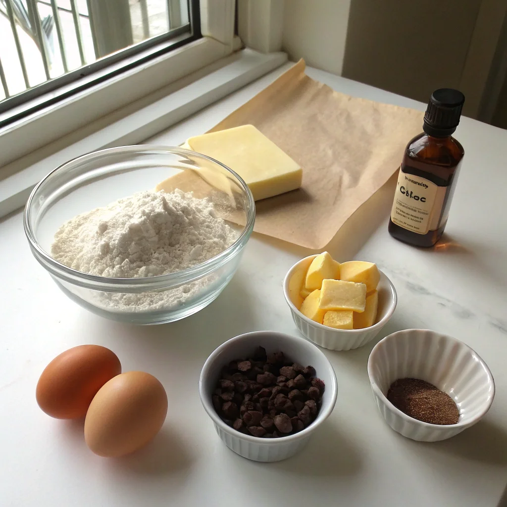 Mini Chocolate Chip Muffins Recipe: The Ultimate Guide to Quick and Delicious Treats 7 Ingredients for mini chocolate chip muffins, including flour, butter, mini chocolate chips, vanilla extract, and an egg, laid out on a white countertop.