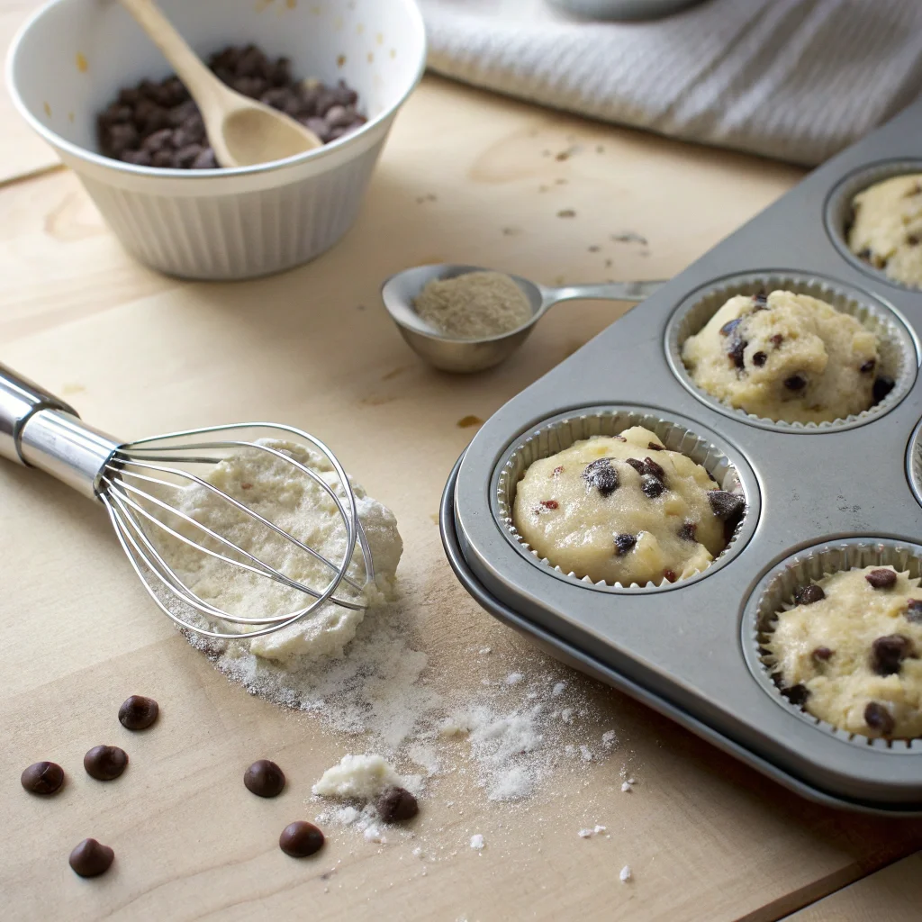 Mini Chocolate Chip Muffins Recipe: The Ultimate Guide to Quick and Delicious Treats 8 Mini chocolate chip muffin batter being spooned into a lined muffin tin, ready for baking in a cozy kitchen setting