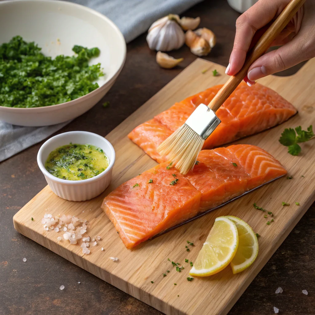 Salmon fillets being brushed with garlic butter sauce on a cutting board, surrounded by fresh parsley, minced garlic, and lemon slices.