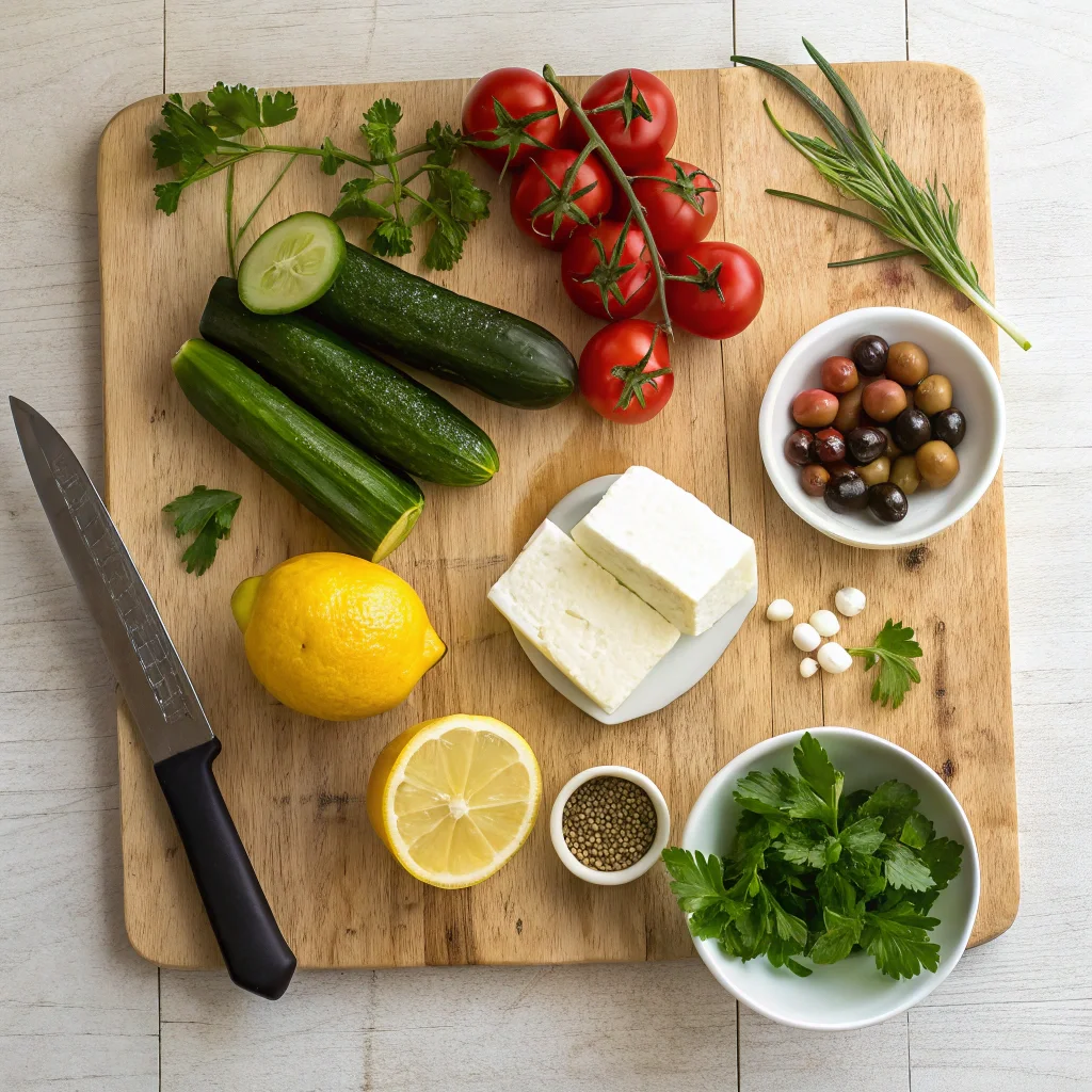 Mediterranean Cucumber Salad Recipe: A Quick and Healthy Dish 6 Fresh ingredients for a Mediterranean cucumber salad, including cucumbers, cherry tomatoes, feta cheese, Kalamata olives, lemon, olive oil, garlic, and fresh herbs, arranged on a wooden cutting board