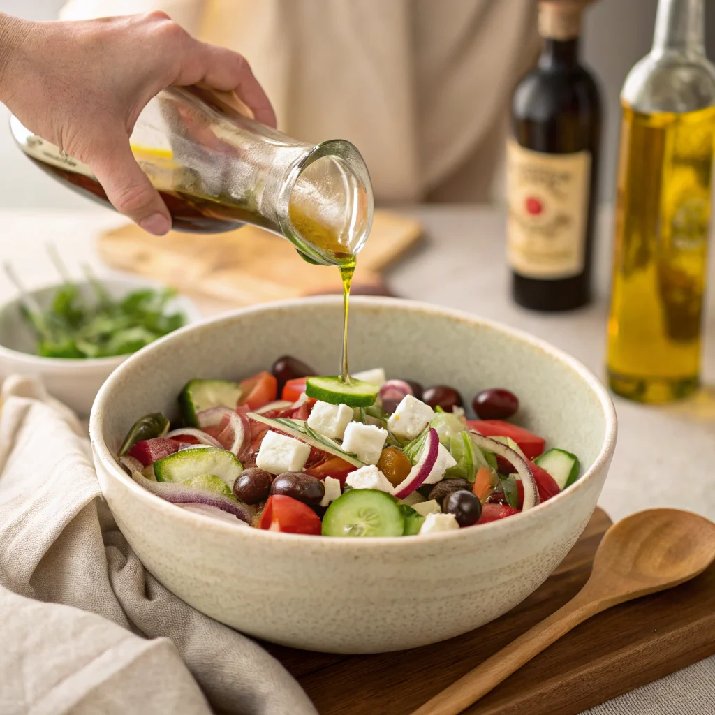 Mediterranean Cucumber Salad Recipe: A Quick and Healthy Dish 7 A person preparing a Mediterranean cucumber salad, pouring homemade olive oil and lemon dressing over a mix of cucumbers, tomatoes, red onions, feta cheese, and olives in a ceramic bowl.