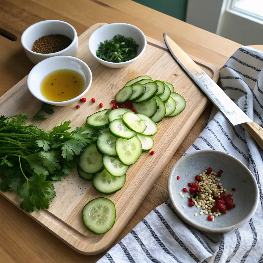 Preparation of a viral cucumber salad with fresh sliced cucumbers, olive oil, vinegar, garlic, chili flakes, and herbs on a wooden cutting board.