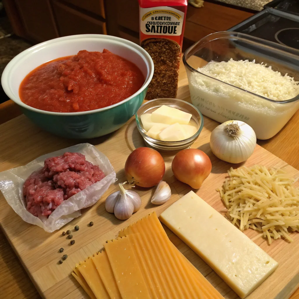 Fresh ingredients for lasagna soup in crockpot laid out on a kitchen counter, including ground beef, tomatoes, lasagna noodles, garlic, onions, and ricotta cheese