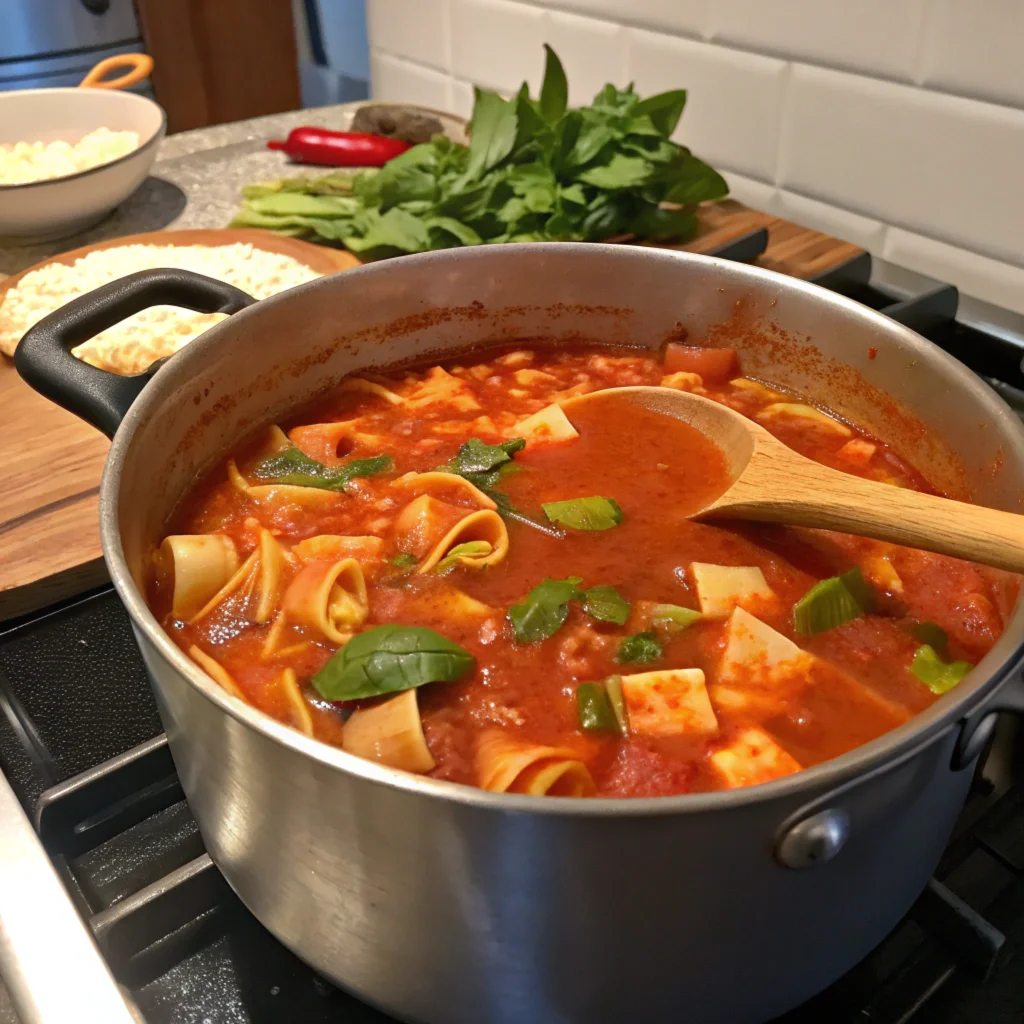 Pot of vegetarian lasagna soup simmering on the stove, featuring a rich tomato broth, vegetables, and broken lasagna noodles with a wooden spoon resting on the pot