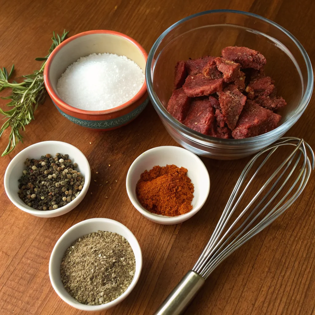 Essential ingredients for a homemade beef stew seasoning recipe, including salt, paprika, garlic powder, and dried thyme on a wooden table