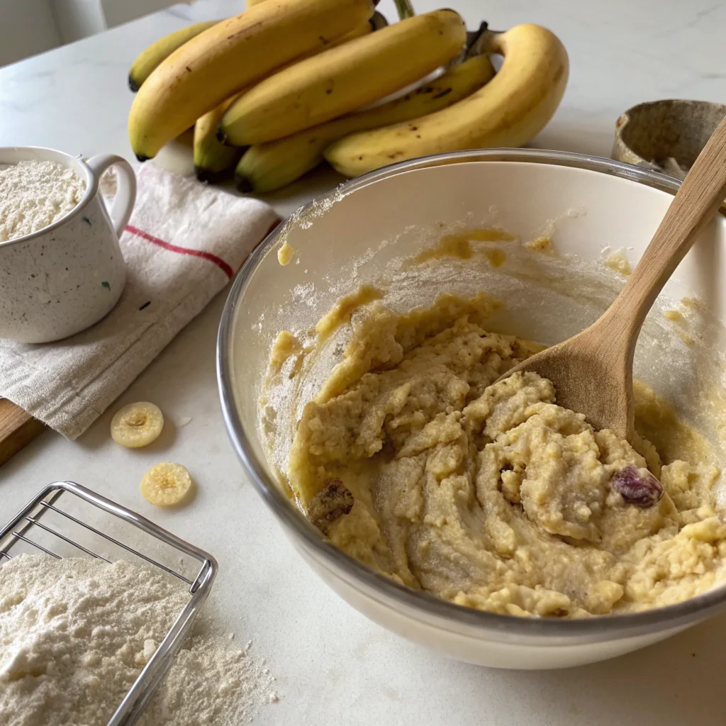 Mixing banana bread batter with 2 bananas in a bowl, surrounded by baking ingredients on a kitchen counter