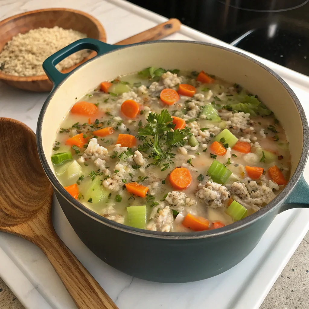 Ground turkey and wild rice soup simmering with vegetables, a nutritious and comforting recipe