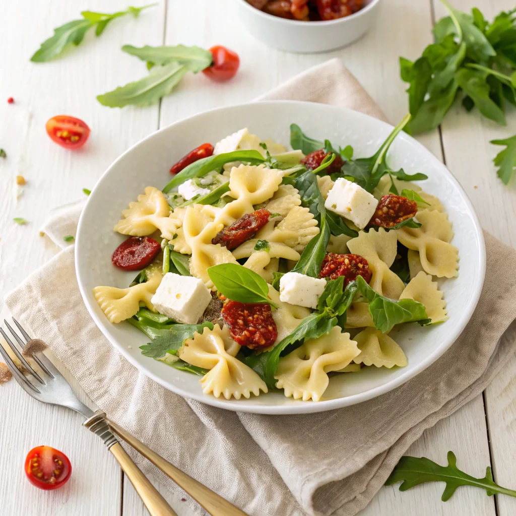 Ingredients for Italian pasta salad, including bow tie pasta, romaine lettuce, cherry tomatoes, cucumbers, mozzarella chunks, basil leaves, and Italian dressing