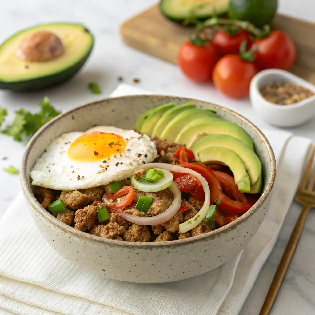 Keto-friendly turkey and avocado bowl with sautéed peppers, onions, a fried egg, and fresh avocado slices for a quick low-carb meal