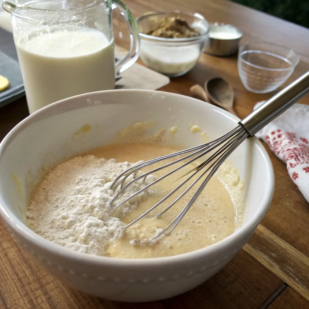 Whisk mixing pancake batter without eggs in a white ceramic bowl, highlighting the preparation process for egg-free pancakes