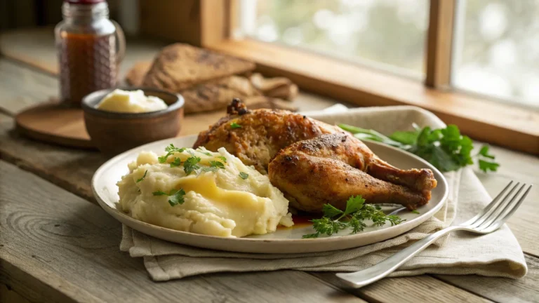 Chicken and Mashed Potatoes Recipe: A Hearty 30-Minute Comfort Meal 14 Homemade chicken and mashed potatoes recipe served on a rustic wooden table, featuring golden-brown seared chicken with creamy mashed potatoes and melted butter.