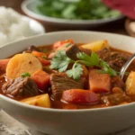 Puerto Rican Beef Stew: 5 Reasons This Flavor-Packed Dish Stands Out 15 A steaming bowl of Puerto Rican beef stew with tender beef, potatoes, carrots, and bell peppers in a rich, red broth, garnished with cilantro.