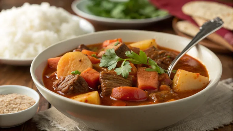 Puerto Rican Beef Stew: 5 Reasons This Flavor-Packed Dish Stands Out 14 A steaming bowl of Puerto Rican beef stew with tender beef, potatoes, carrots, and bell peppers in a rich, red broth, garnished with cilantro.