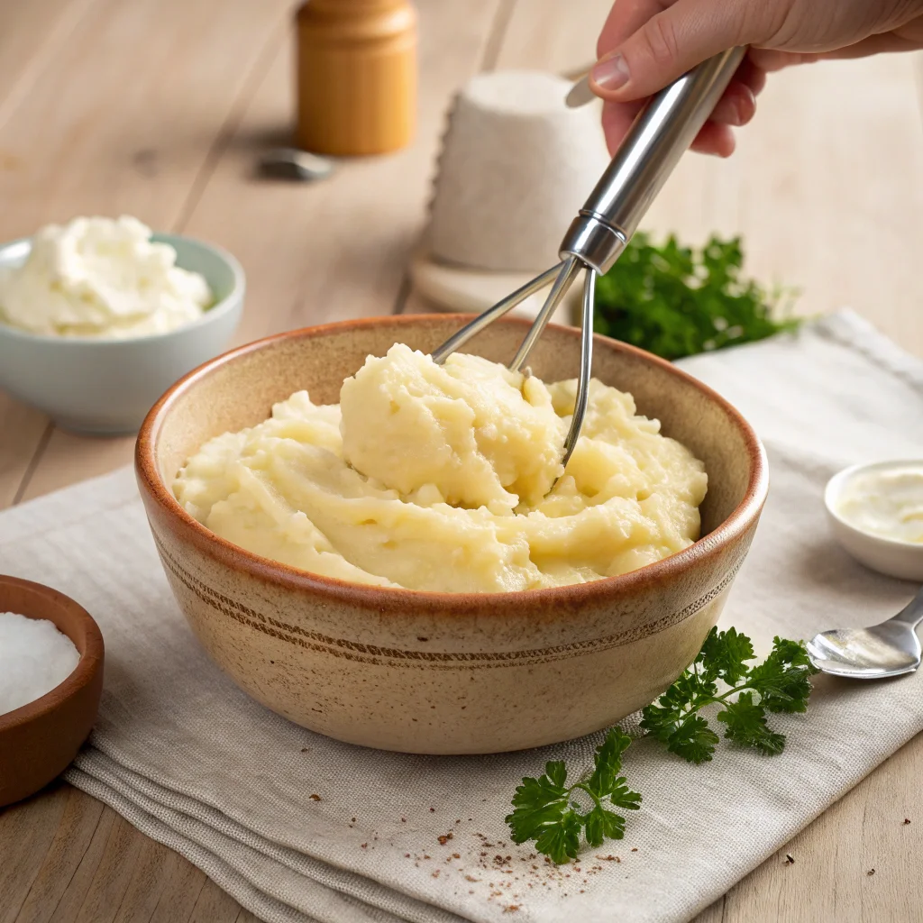 Chicken and Mashed Potatoes Recipe: A Hearty 30-Minute Comfort Meal 14 Fluffy mashed potatoes being mashed with butter and milk in a rustic ceramic bowl, creating the perfect side for a chicken and mashed potatoes recipe.