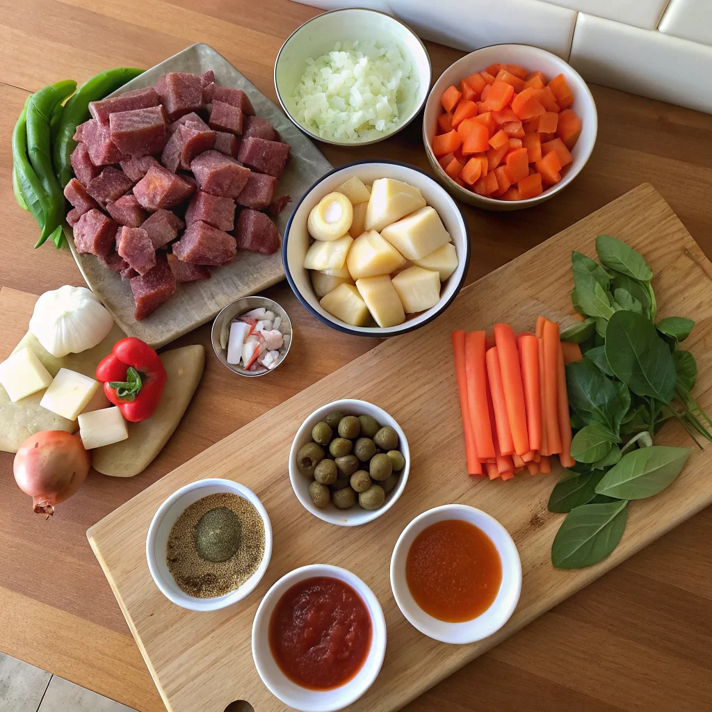 Puerto Rican Beef Stew: 5 Reasons This Flavor-Packed Dish Stands Out 11 Fresh ingredients for Puerto Rican beef stew, including beef, potatoes, carrots, bell peppers, onions, sofrito, adobo, sazón, tomato sauce, and broth.