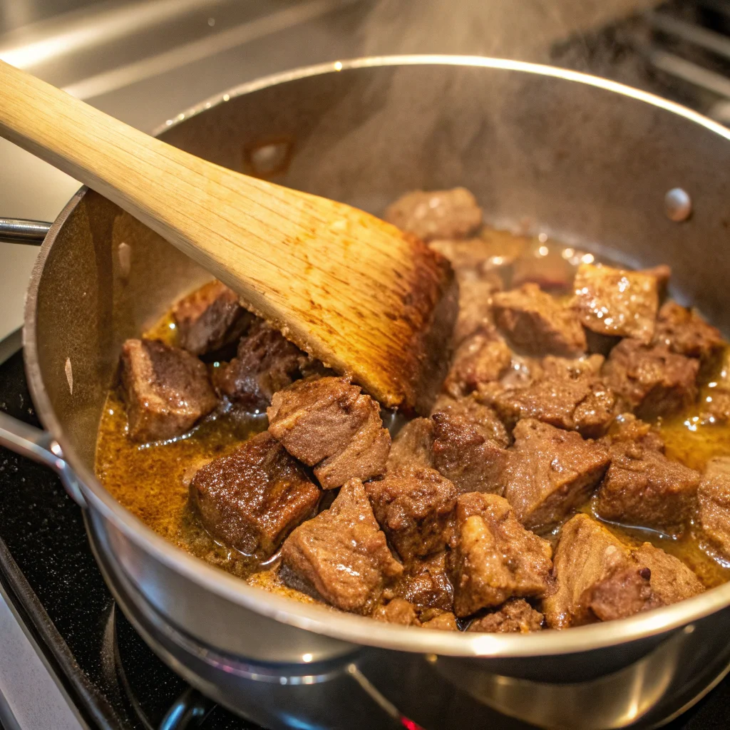 Puerto Rican Beef Stew: 5 Reasons This Flavor-Packed Dish Stands Out 12 Chunks of beef being browned in a pot, the first step in making Puerto Rican beef stew, creating a rich, caramelized base for the dish.