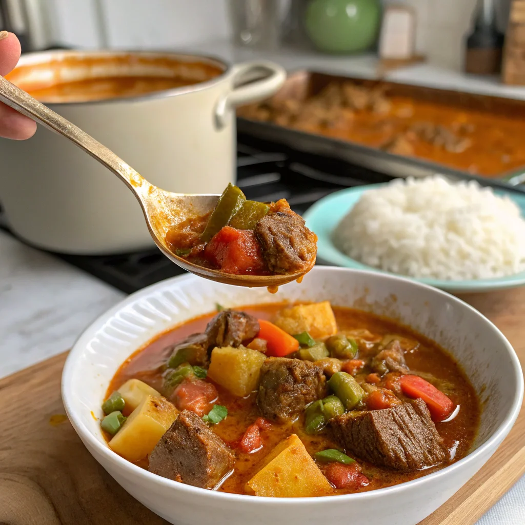 Puerto Rican Beef Stew: 5 Reasons This Flavor-Packed Dish Stands Out 14 A ladle serving a hearty portion of Puerto Rican beef stew, filled with slow-cooked beef, potatoes, and a rich, tomato-based broth.