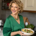 A cheerful home cook standing in a bright kitchen, surrounded by fresh ingredients and cooking utensils, holding a delicious homemade dish. Perfect for food lovers and home chefs looking for easy and tasty meal ideas.