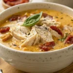 Marry Me Chicken Soup Recipe: Creamy and Flavorful in Just 30 Minutes 3 A warm bowl of Marry Me Chicken Soup with creamy broth, tender chicken, sun-dried tomatoes, and parmesan cheese, garnished with fresh basil.