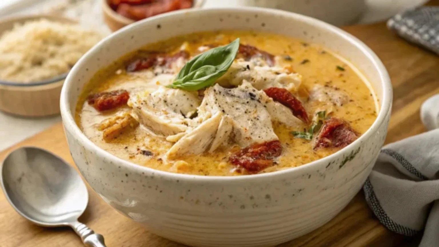 article main image 11 A warm bowl of Marry Me Chicken Soup with creamy broth, tender chicken, sun-dried tomatoes, and parmesan cheese, garnished with fresh basil.