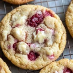 Close-up of freshly baked White Chocolate Raspberry Cookies stacked on a cooling rack with visible white chocolate chunks and raspberry swirls.