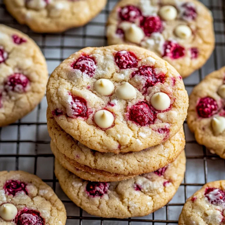 White Chocolate Raspberry Cookies – 7 Reasons to Love This Sweet & Tangy Treat 2 Close-up of freshly baked White Chocolate Raspberry Cookies stacked on a cooling rack. with three cookies one on a top of another