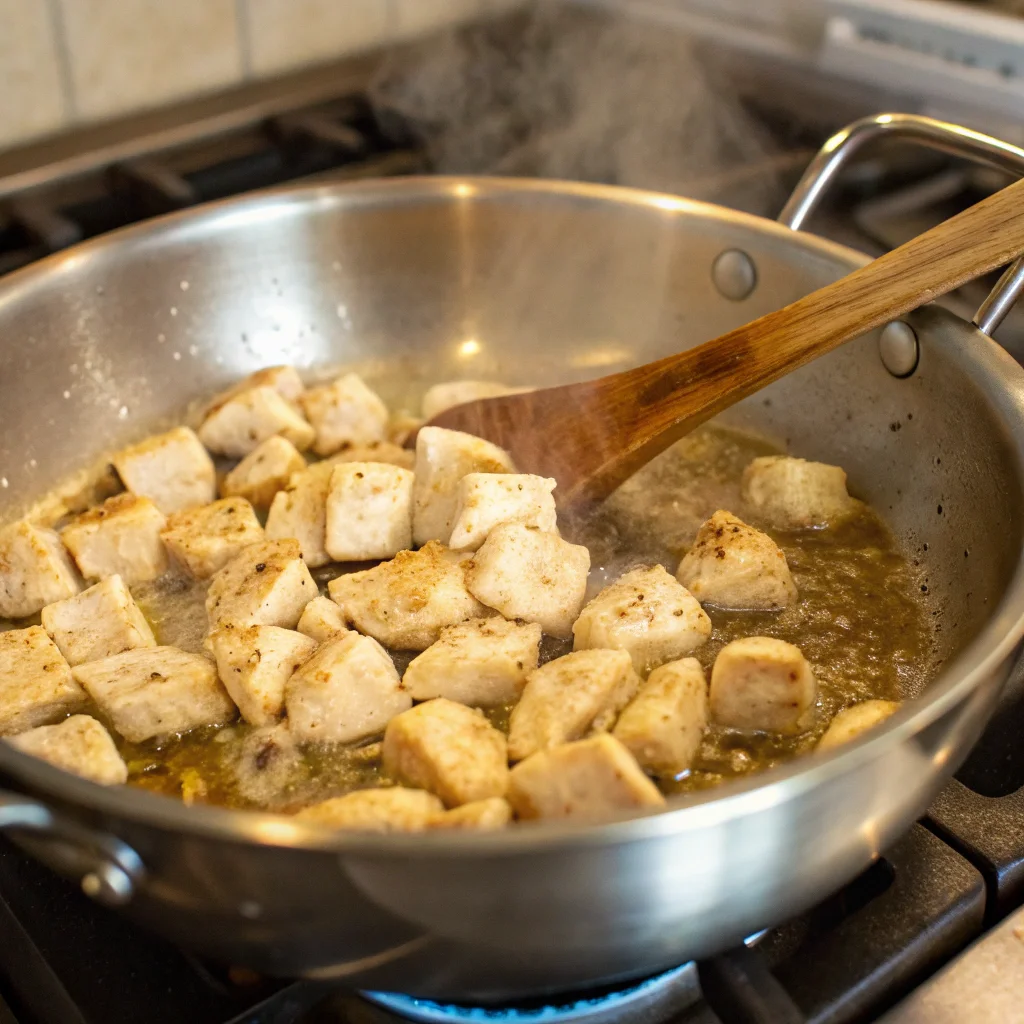 marry me chicken soup 1.1 Cubed chicken breast searing in a pot with olive oil for Marry Me Chicken Soup, turning golden brown for rich flavor.
