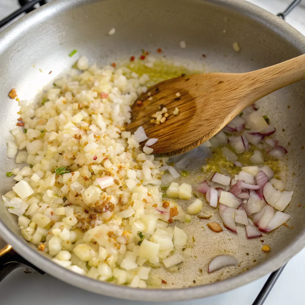 marry me chicken soup 1.2 Onions and garlic sautéing in a pot to build the aromatic base of Marry Me Chicken Soup, creating a fragrant and flavorful foundation.