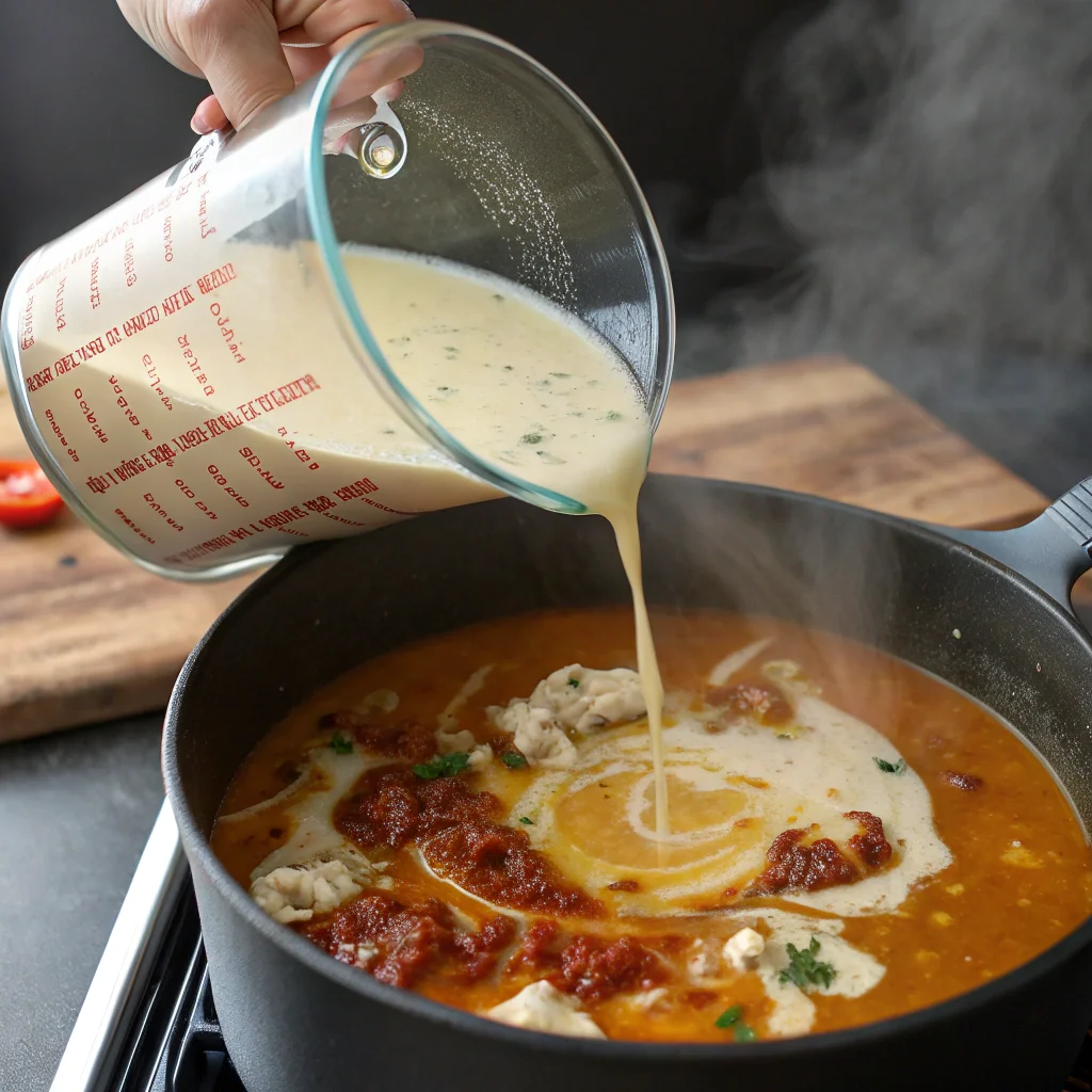 marry me chicken soup 1.3 Chicken broth and heavy cream being poured into a pot, creating the creamy, flavorful base of Marry Me Chicken Soup with sun-dried tomatoes and seasoning.