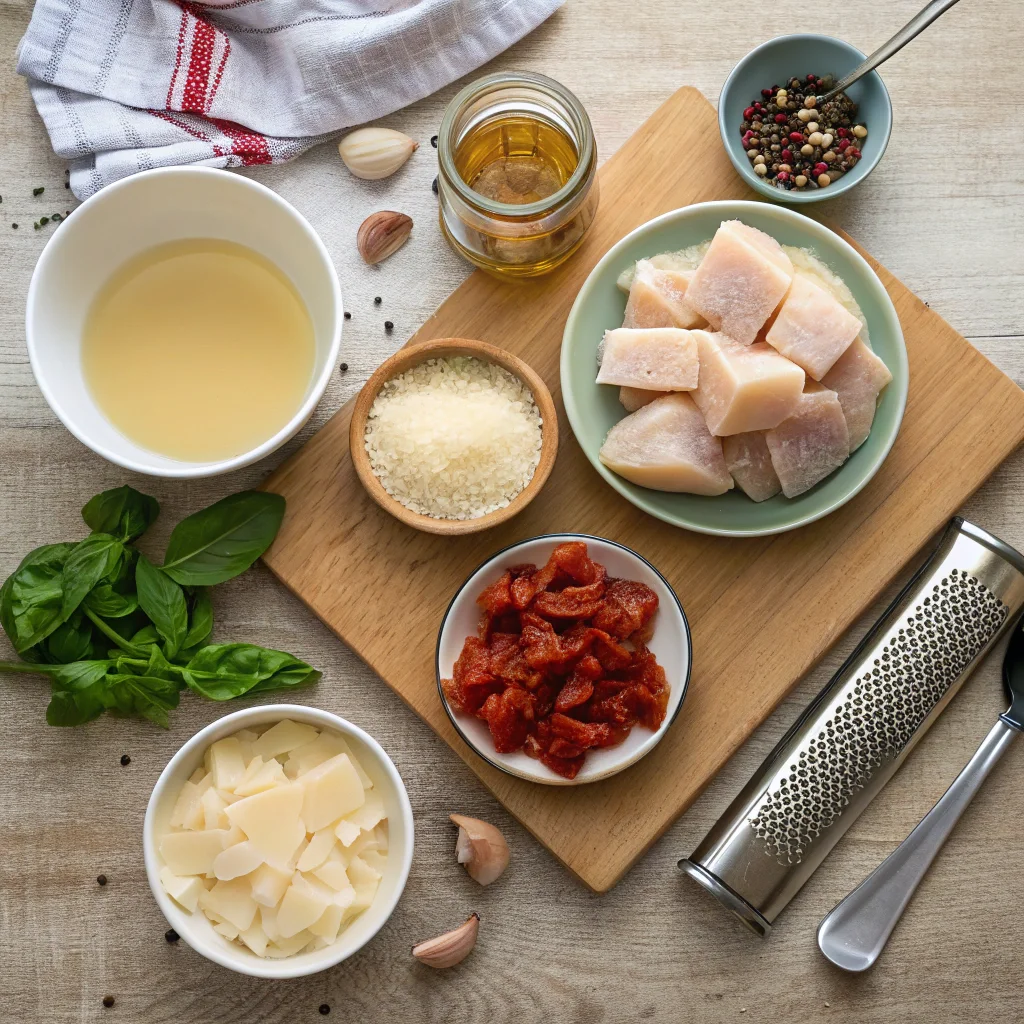 marry me chicken soup 1 Ingredients for Marry Me Chicken Soup, including chicken breast, sun-dried tomatoes, parmesan cheese, heavy cream, chicken broth, garlic, and basil.