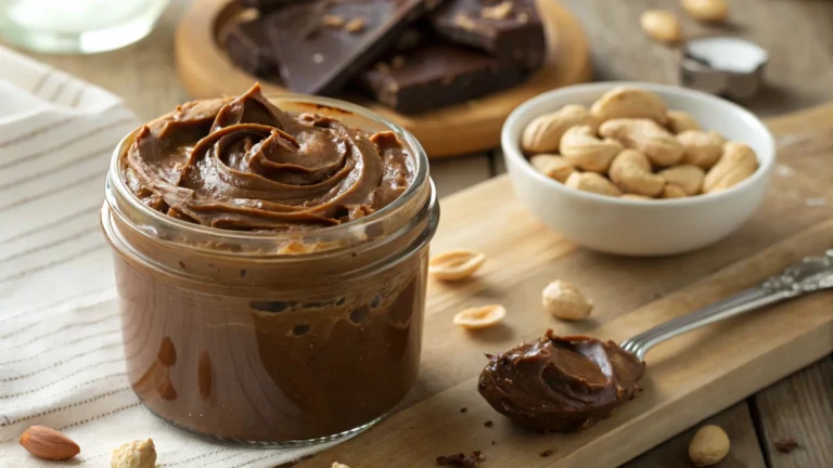Chocolate Peanut Butter: 6 steps to Healthy Recipe That Will Blow Your Mind 2 Chocolate peanut butter swirl in glass jar with rustic kitchen background