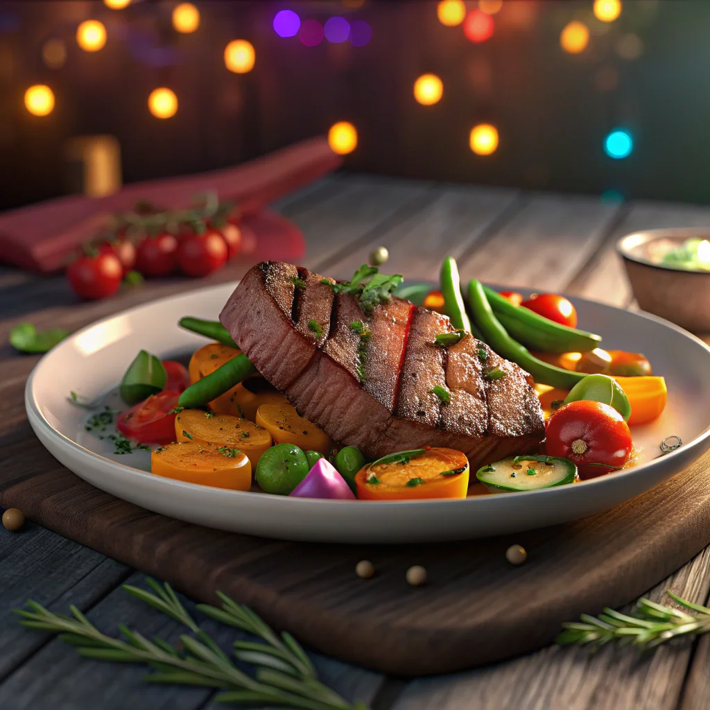 dishes 3D animated gourmet dish featuring grilled meat and vegetables on a rustic wooden table, vibrant colors and elegant food presentation