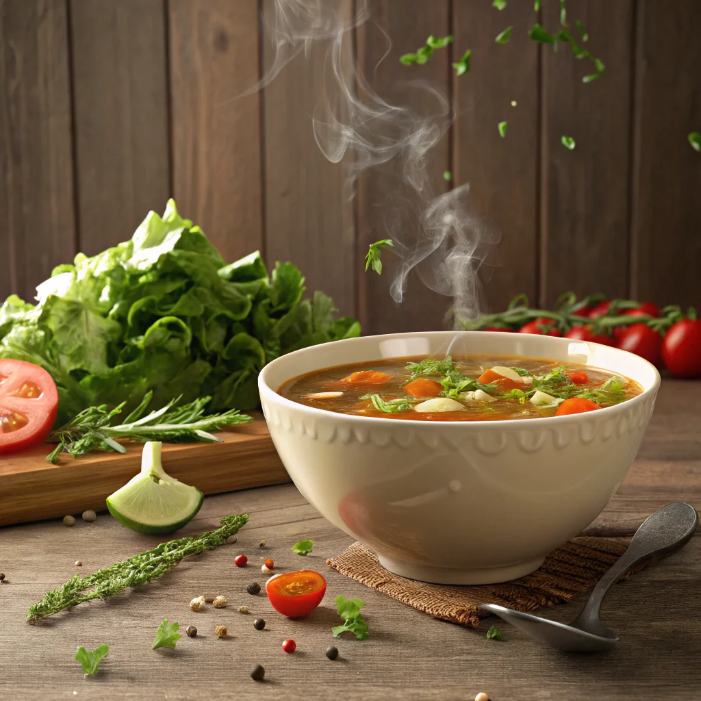 soups 3D animated bowl of hot soup next to a fresh green salad with herbs and vegetables, stylized in a cozy rustic animation style